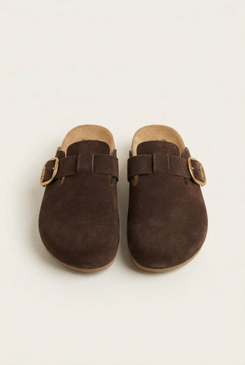 FANTASY SANDALS - Clogs Buckle Detail - Brown Suede