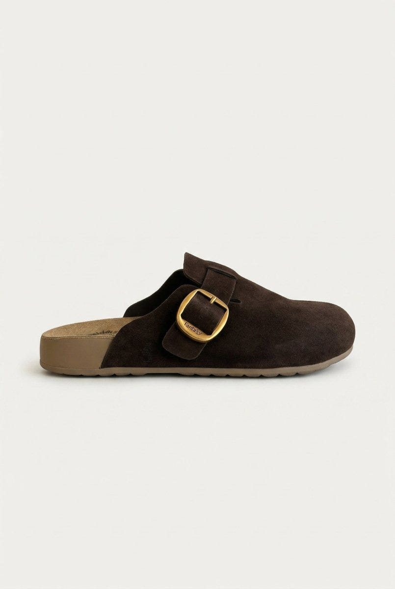 FANTASY SANDALS - Clogs Buckle Detail - Brown Suede