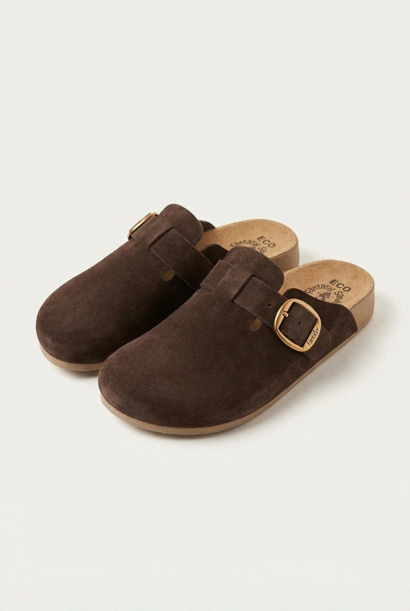 FANTASY SANDALS - Clogs Buckle Detail - Brown Suede