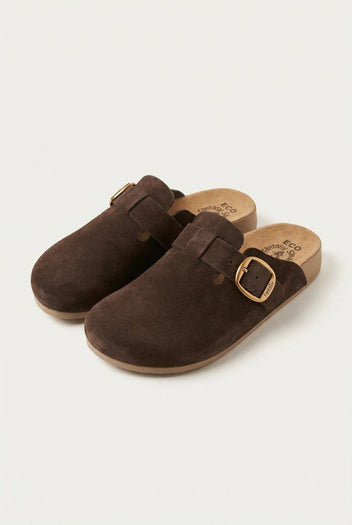 FANTASY SANDALS - Clogs Buckle Detail - Brown Suede