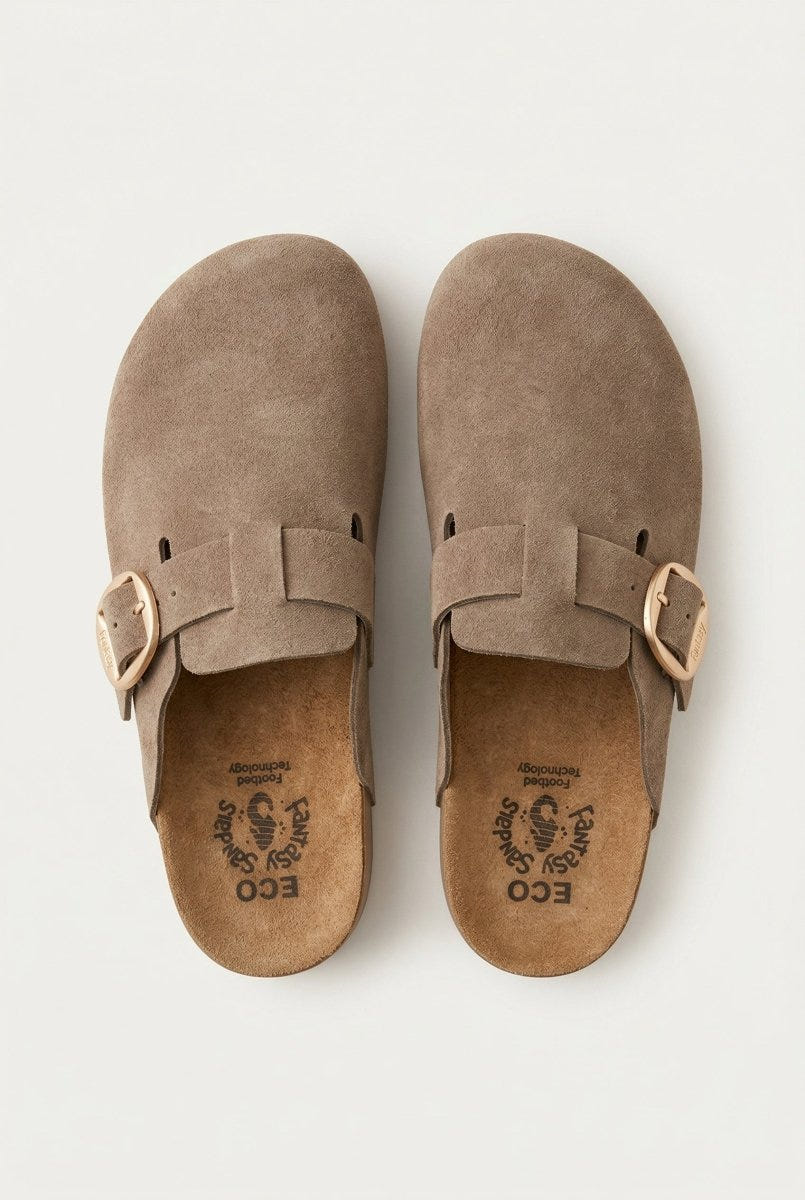 FANTASY SANDALS - Clogs Buckle Detail - Taupe Suede