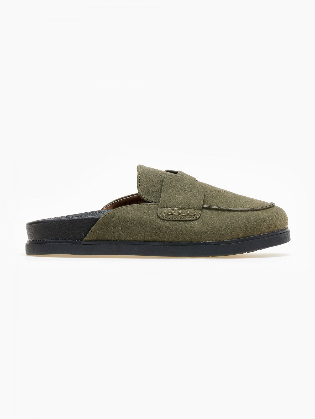 Olive green suede loafer-style mule with black rubber sole, side view on a white background