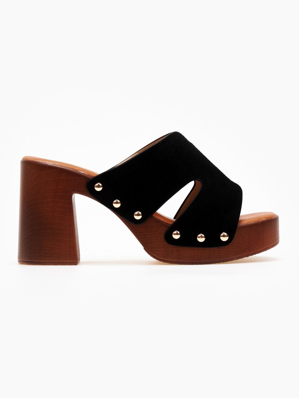 Black suede block heel slide sandal with cut-out straps, gold studs and tan wooden-look platform, side view on light grey