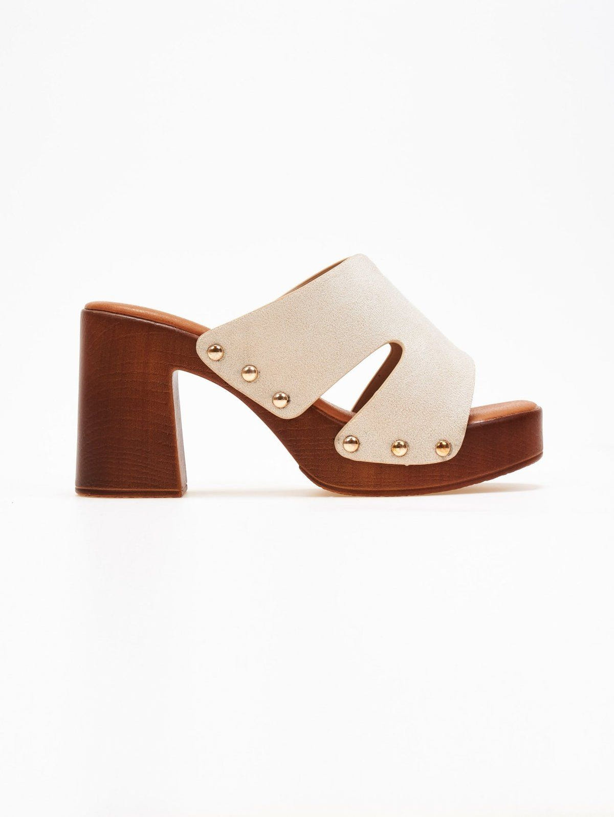 Cream suede block heel slide with tan wooden-look platform and cut-out straps, side view on a white background