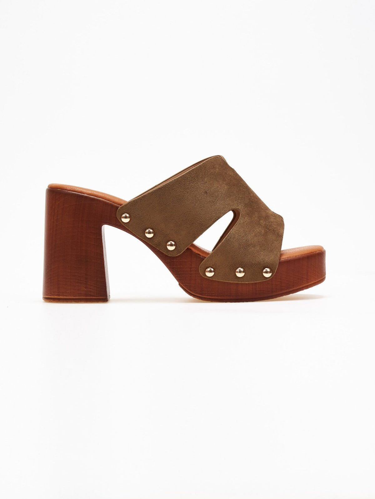 Olive suede block heel slide with cut-out straps and wooden-look platform, side view on a white background