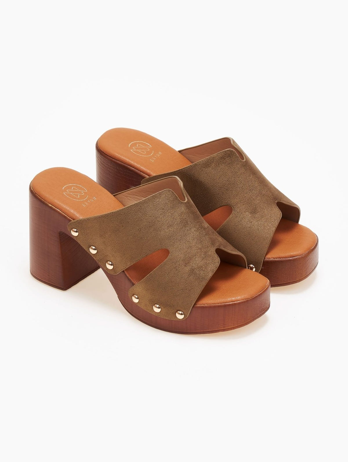 Pair of olive suede block heel slides with cut-out straps, gold studs and wooden-look platform, angled view on a white background