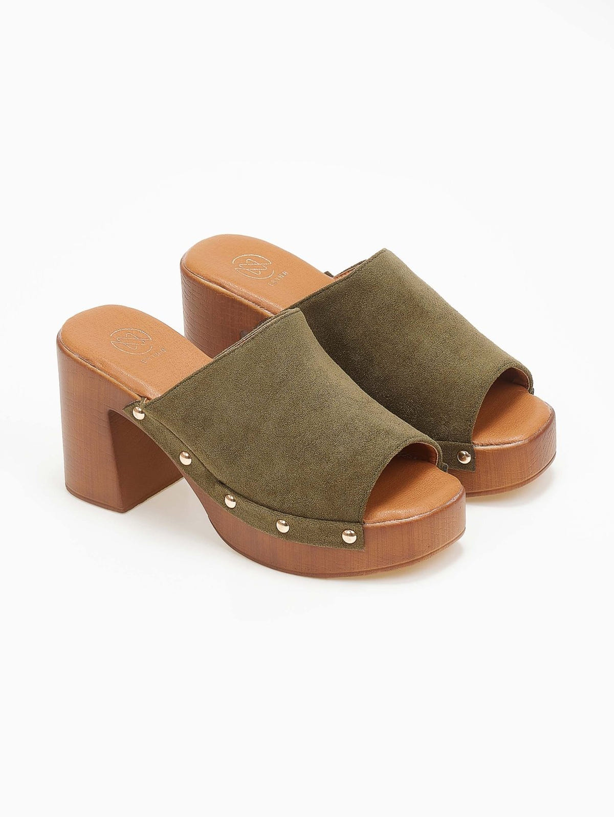 Pair of olive suede block heel slides with wooden-look platform and gold studs, angled view on a white background