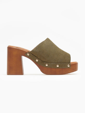 Olive suede block heel slide with wooden-look platform, side view on a white background