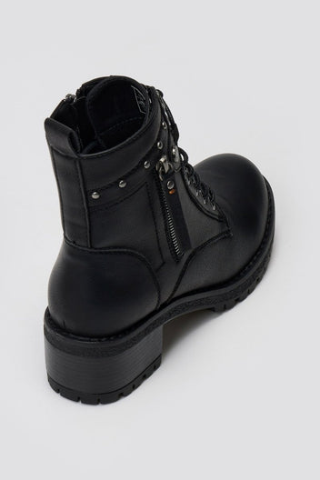 Black leather lace-up ankle boot with chunky block heel and side zip, angled top view on a light grey background