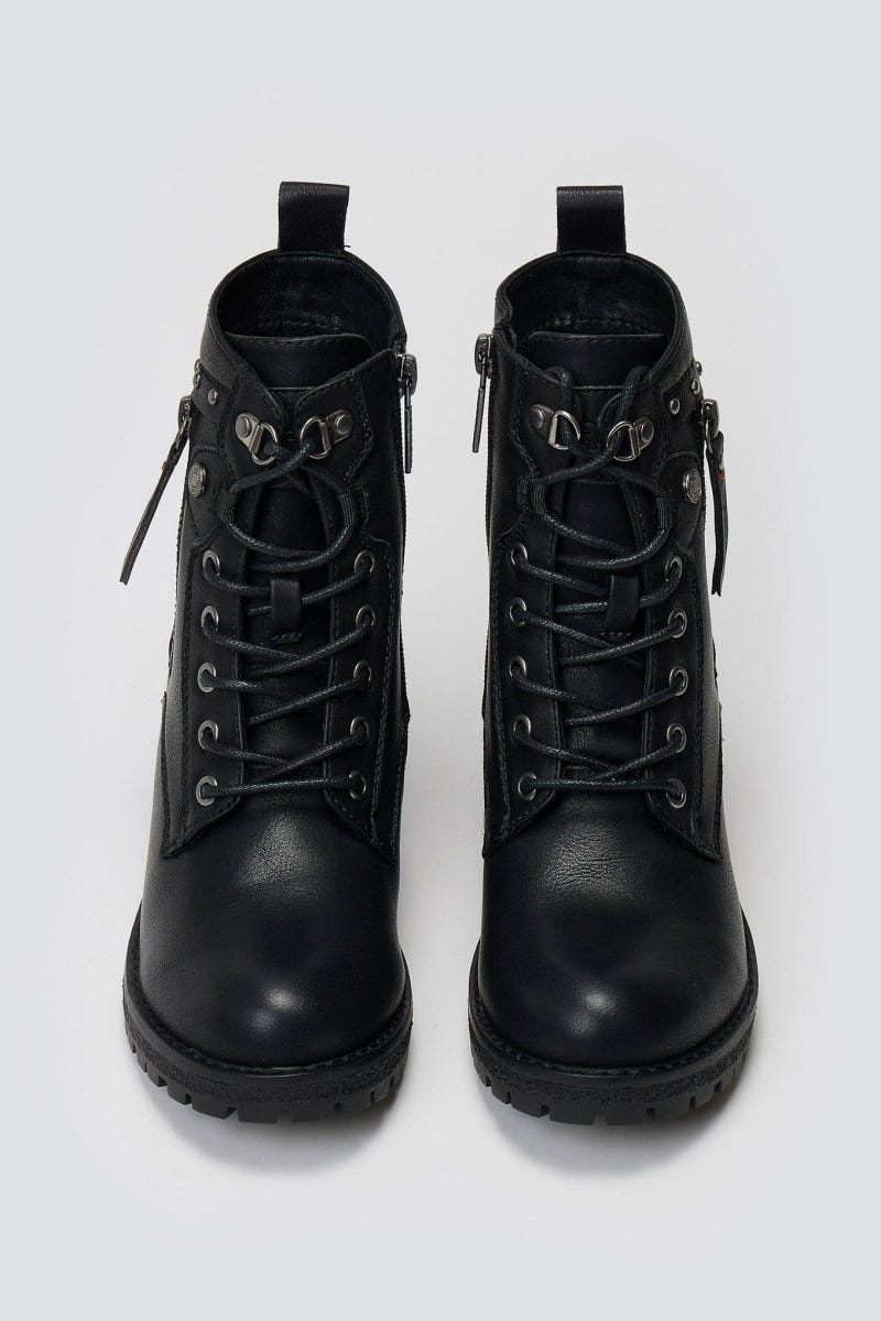 Pair of black leather lace-up ankle boots with chunky block heels and side zips, overhead view on a light grey background