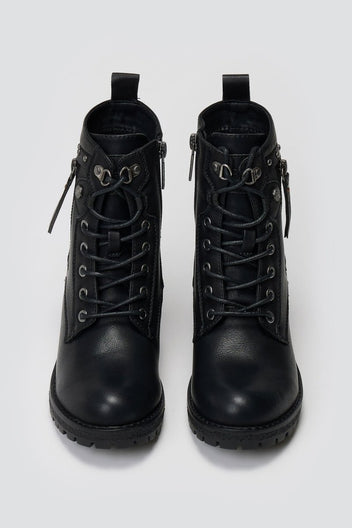 Pair of black leather lace-up ankle boots with chunky block heels and side zips, overhead view on a light grey background