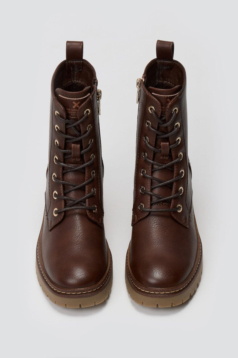 Pair of brown leather lace-up ankle boots with chunky block heels, overhead view on a light grey background