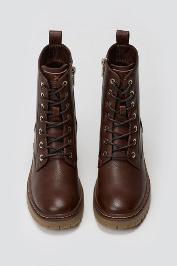 Pair of brown leather lace-up ankle boots with chunky block heels, overhead view on a light grey background