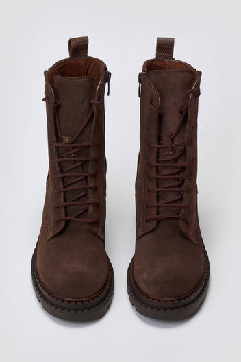 Pair of dark brown suede lace up boots with block heel, laid flat from above on light grey background