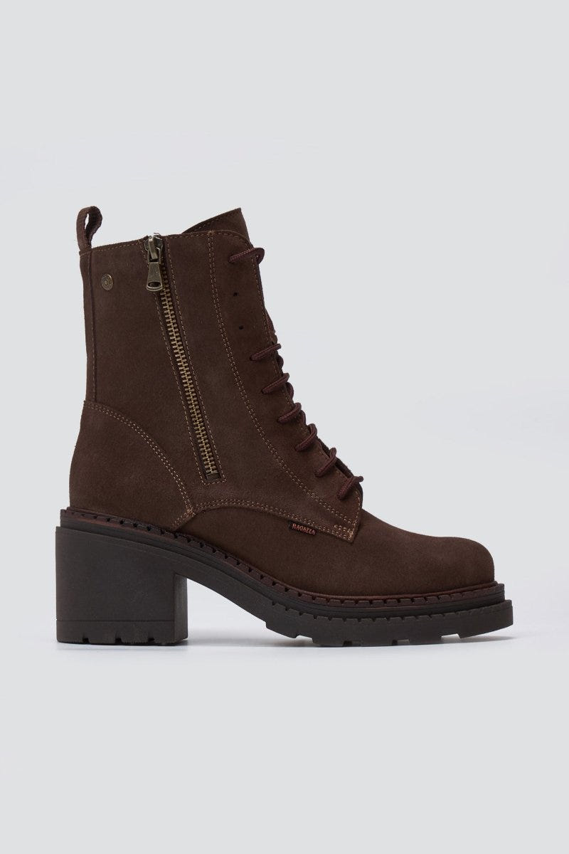 Dark brown suede lace up boot with side zip and block heel, side view on light grey background