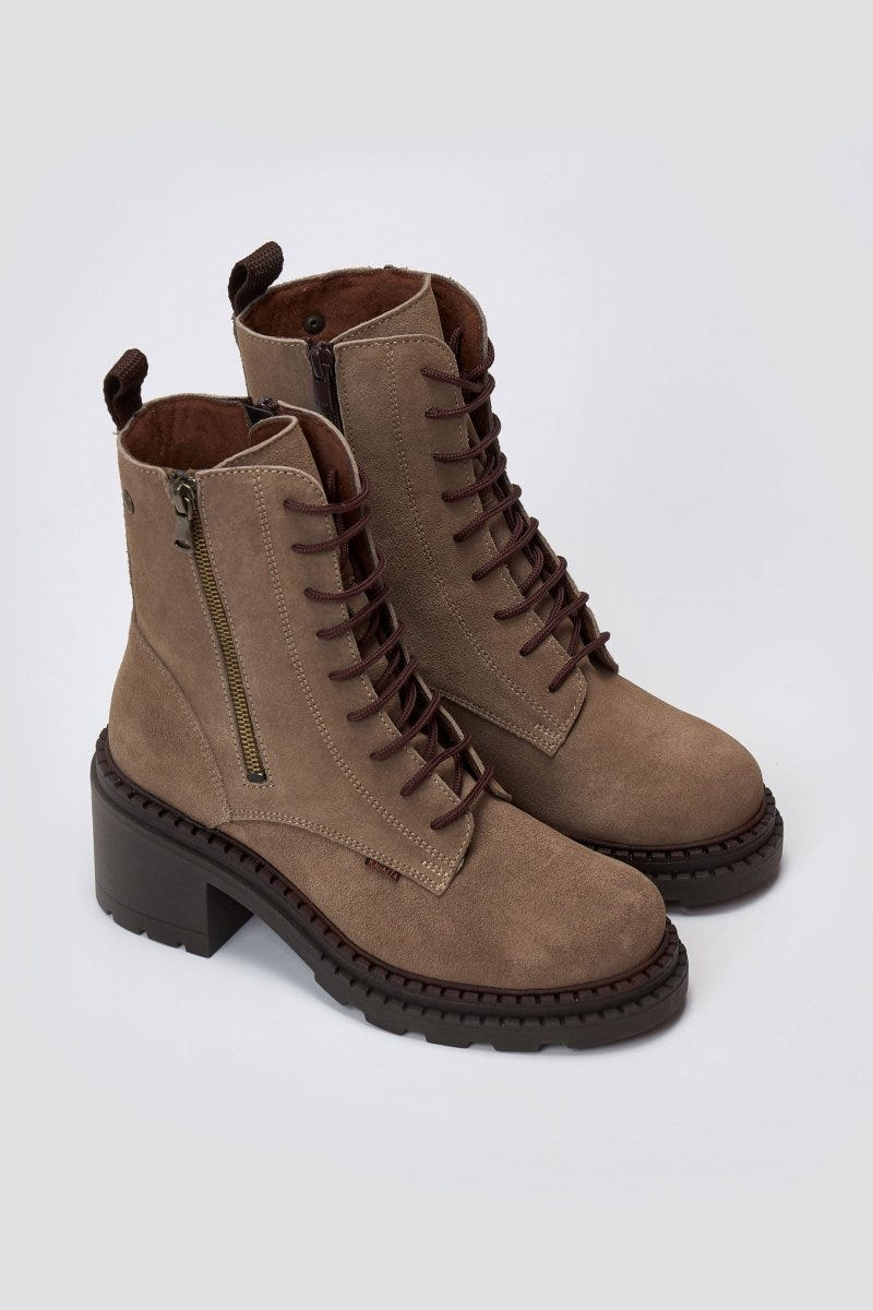 Pair of taupe suede lace up boots with block heel and side zip, angled view on light grey background