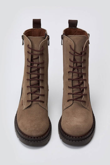 Pair of taupe suede lace up boots with block heel, laid flat from above on light grey background