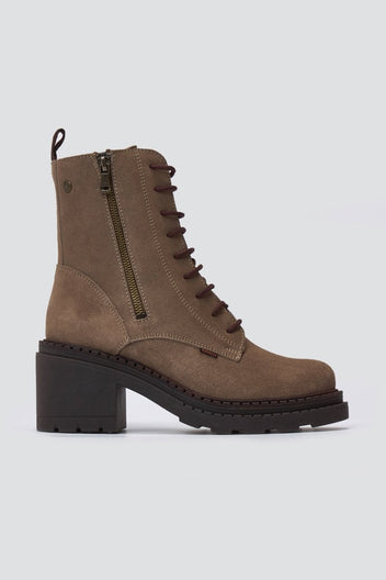 Taupe suede lace up boot with side zip and block heel, side view on light grey background