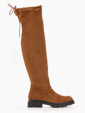 Tan faux suede over-the-knee boot with drawstring tie at the top and chunky black lug sole, side view on white