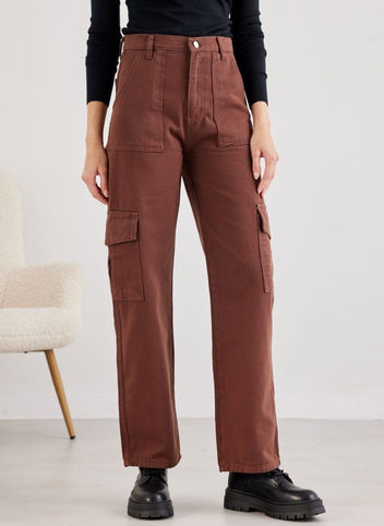 Brown wide leg cargo pants with high waist, button fly, front pockets and side flap pockets, worn on model, front view