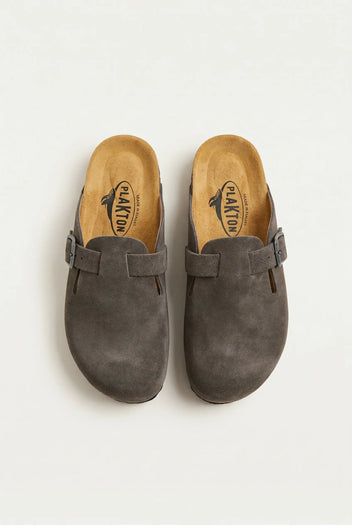Top-down view of a pair of grey suede clogs with buckle straps and tan cork footbeds with a printed whale logo