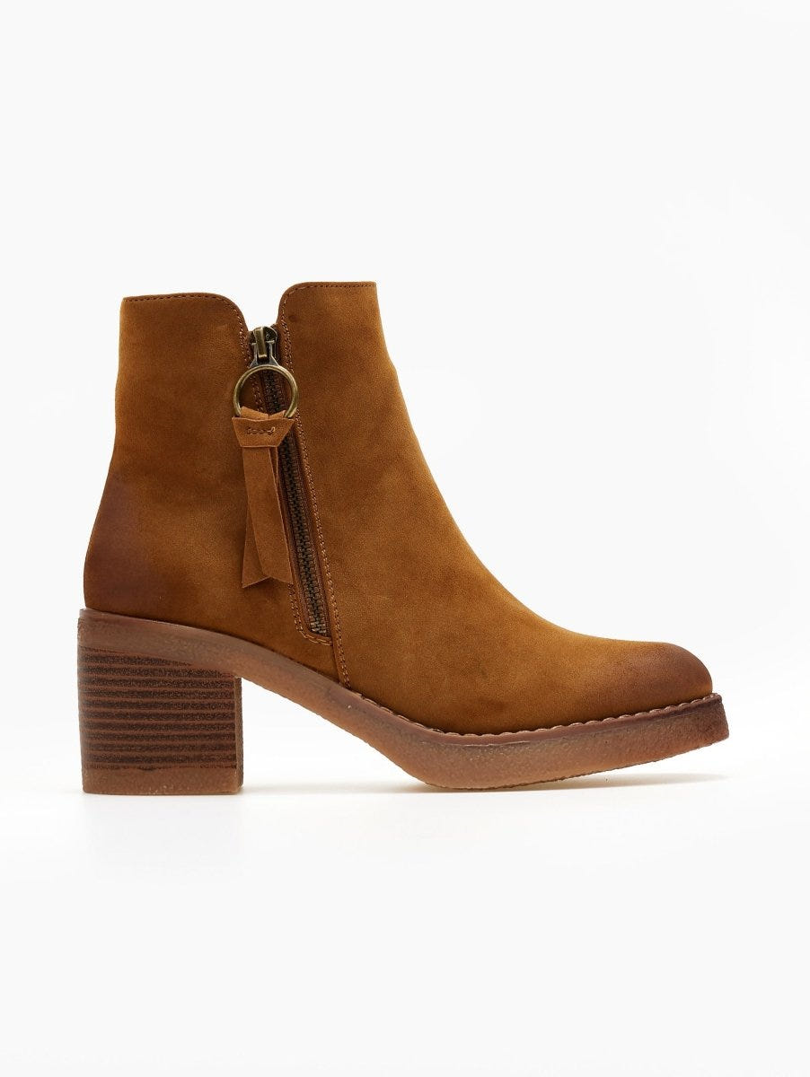 Camel suede ankle boot with side zip and ring pull tassel, stacked block heel and tan crepe sole, side view on white