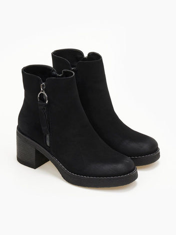 Pair of black nubuck ankle boots with side zip and ring pull, block heel and crepe-style sole, three-quarter front view