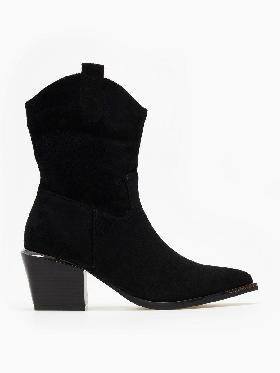 Black suede cowboy ankle boots with pull tab, pointed toe with metal tip and angled block heel with metal trim, side view