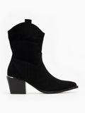 Black suede cowboy ankle boots with pull tab, pointed toe with metal tip and angled block heel with metal trim, side view