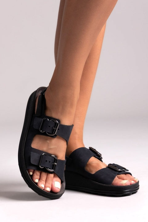 Sandalias de piel con hebilla - Negro