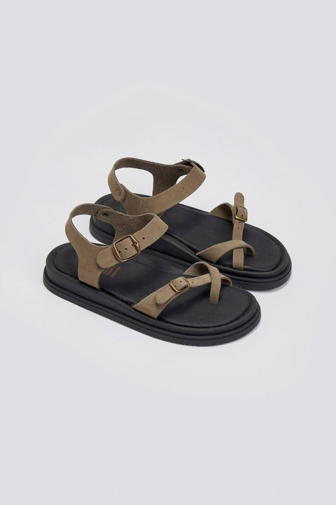 Nubuck Leather Flatform Sandals - Olive