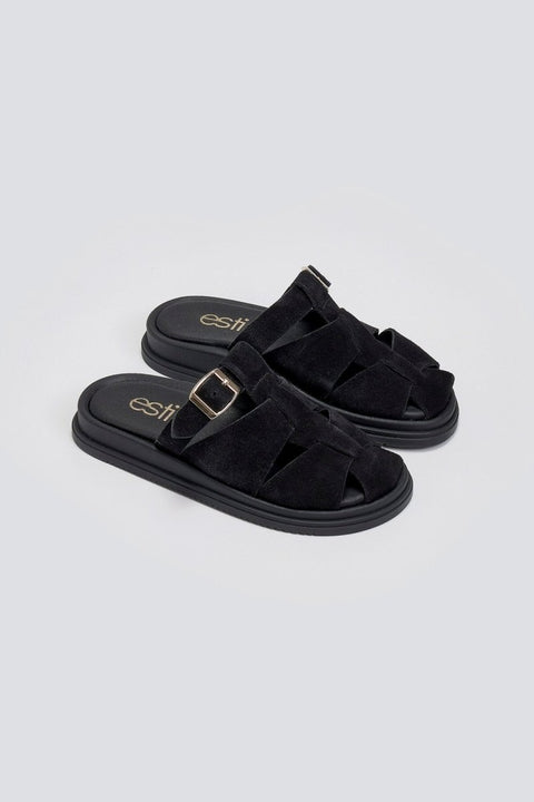 Suede Clogs Buckle Detail - Black