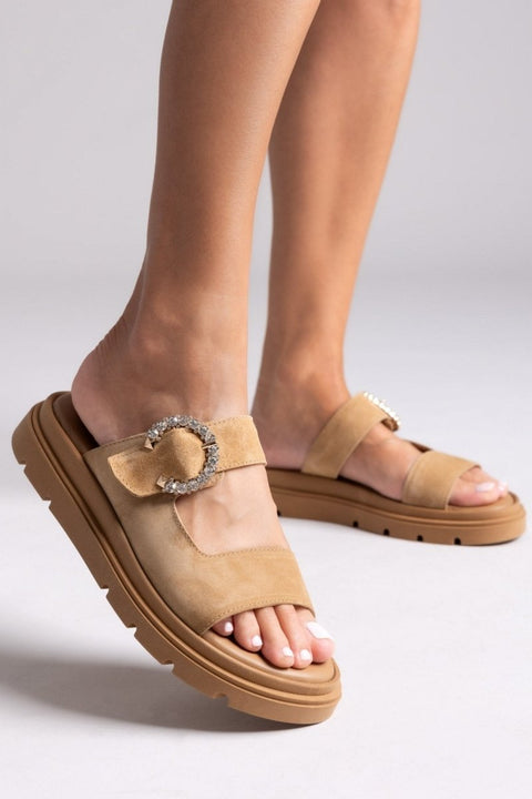 Sandali in camoscio Rhinestone fibbia - Beige