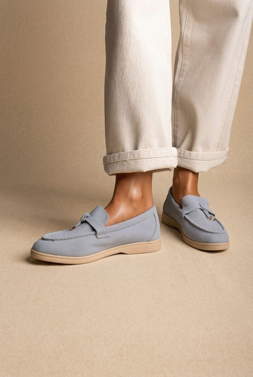 Ideal shoes - Comfort Loafers with Metal Detail - Light Blue Suede