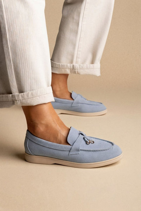 Comfort Loafers with Metal Detail - Light Blue Suede