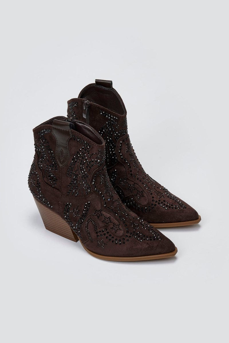 Cowboy Ankle Boots Crystal - Brown Suede - thefashionproject.gr - Ideal shoes