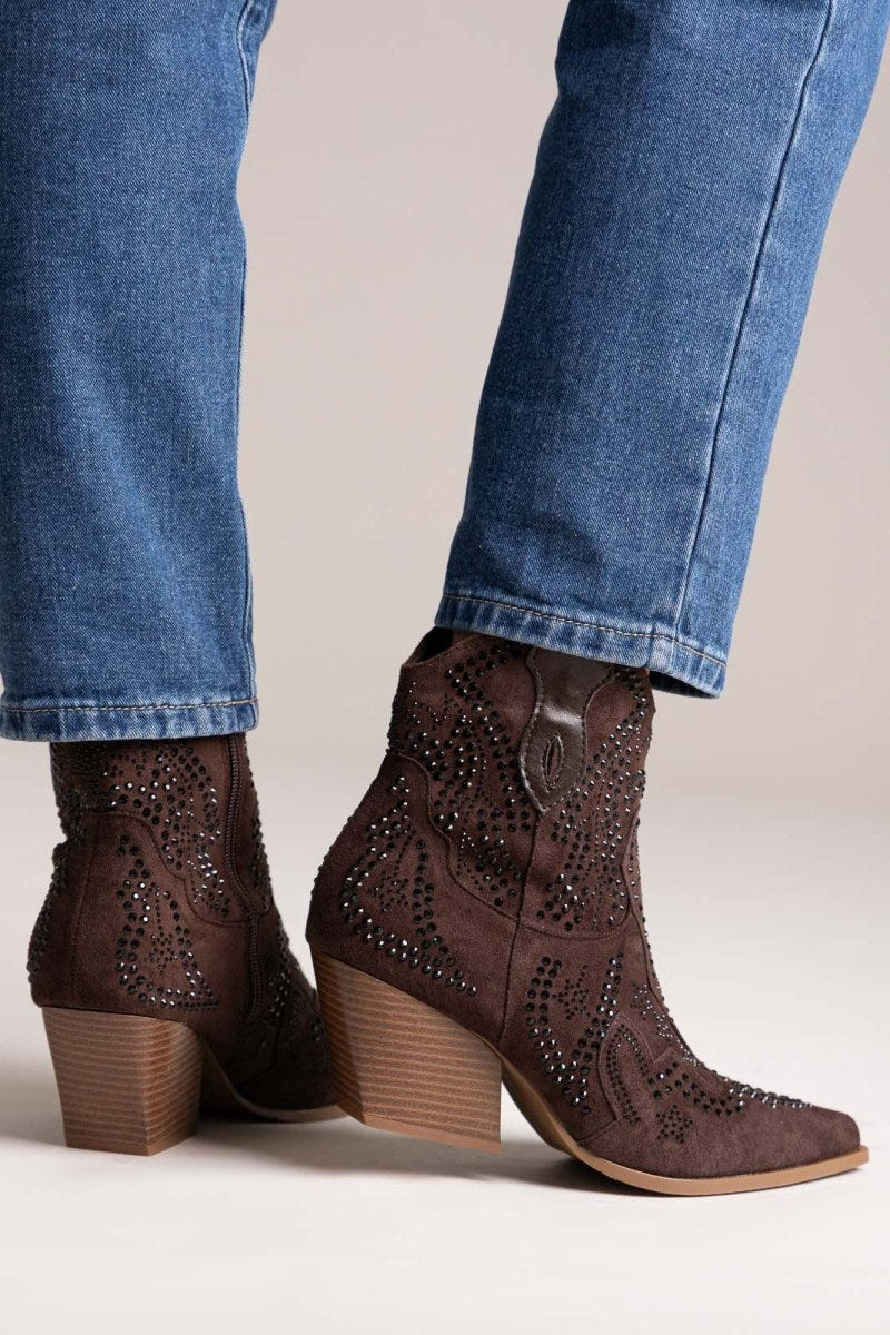 Cowboy Ankle Boots Crystal - Brown Suede - thefashionproject.gr - Ideal shoes