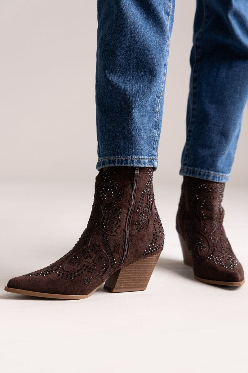 Cowboy Ankle Boots Crystal - Brown Suede - thefashionproject.gr - Ideal shoes