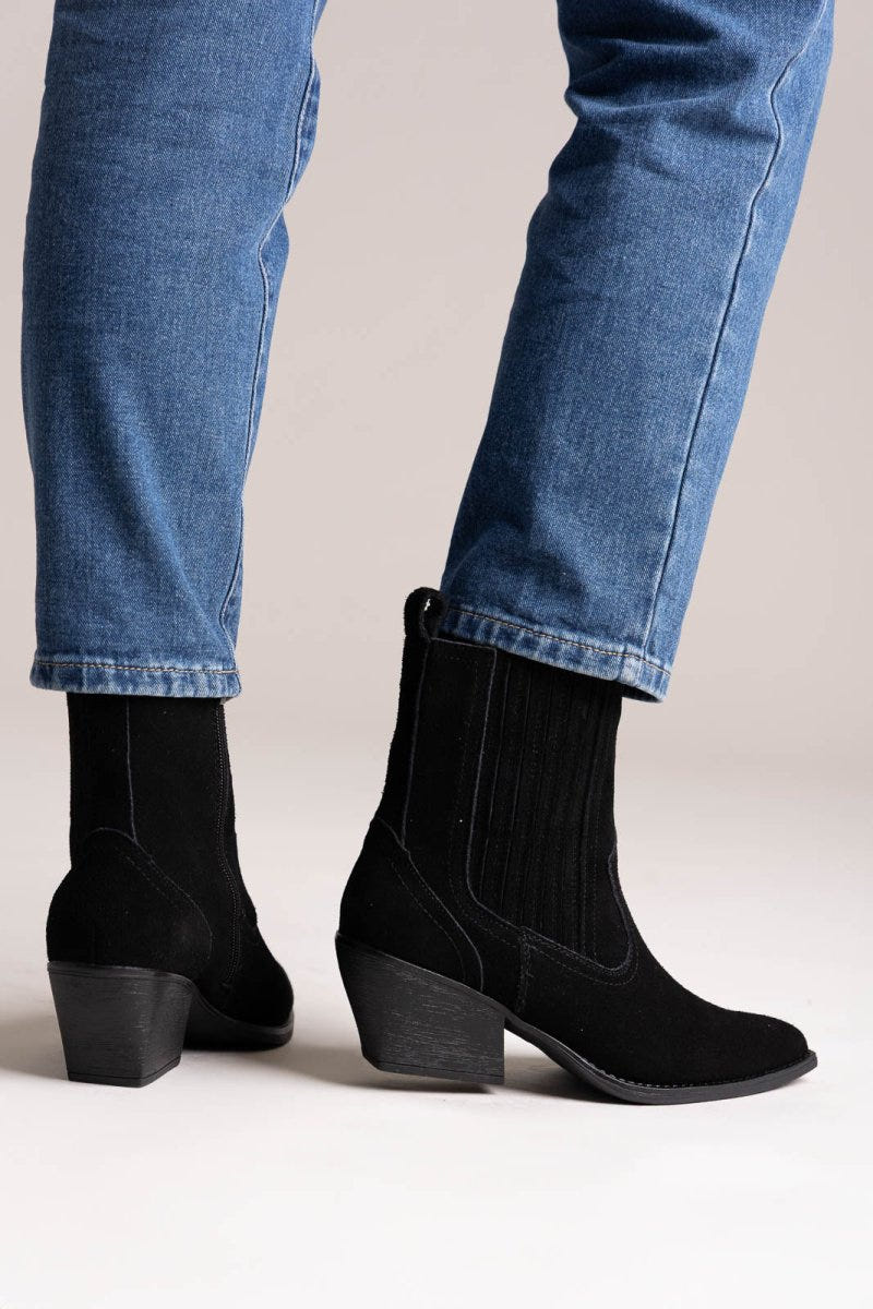 Cowboy Ankle Boots Genuine Leather - Black Suede - thefashionproject.gr - Ideal shoes