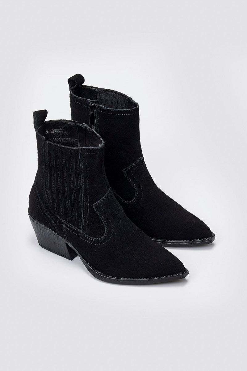 Cowboy Ankle Boots Genuine Leather - Black Suede - thefashionproject.gr - Ideal shoes