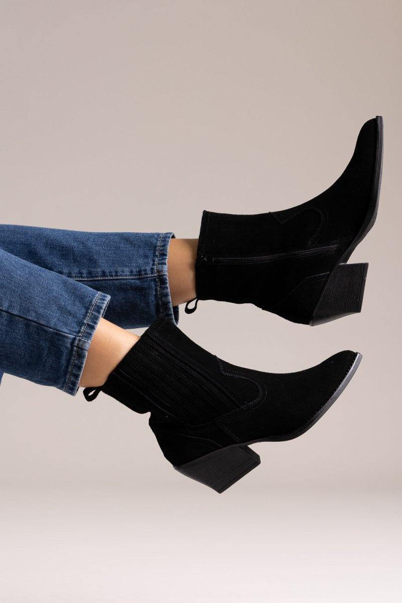 Cowboy Ankle Boots Genuine Leather - Black Suede - thefashionproject.gr - Ideal shoes