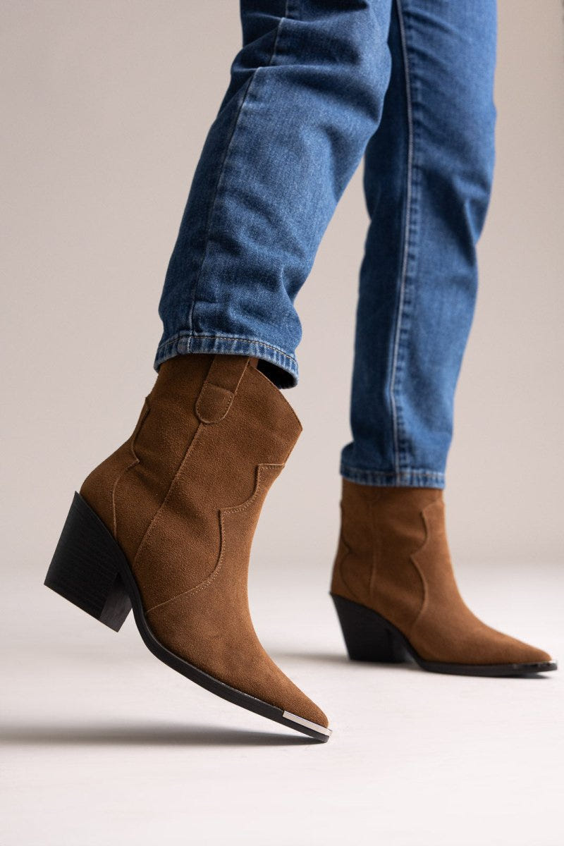 Cowboy Ankle Boots Genuine Leather - Camel Suede - thefashionproject.gr - Ideal shoes