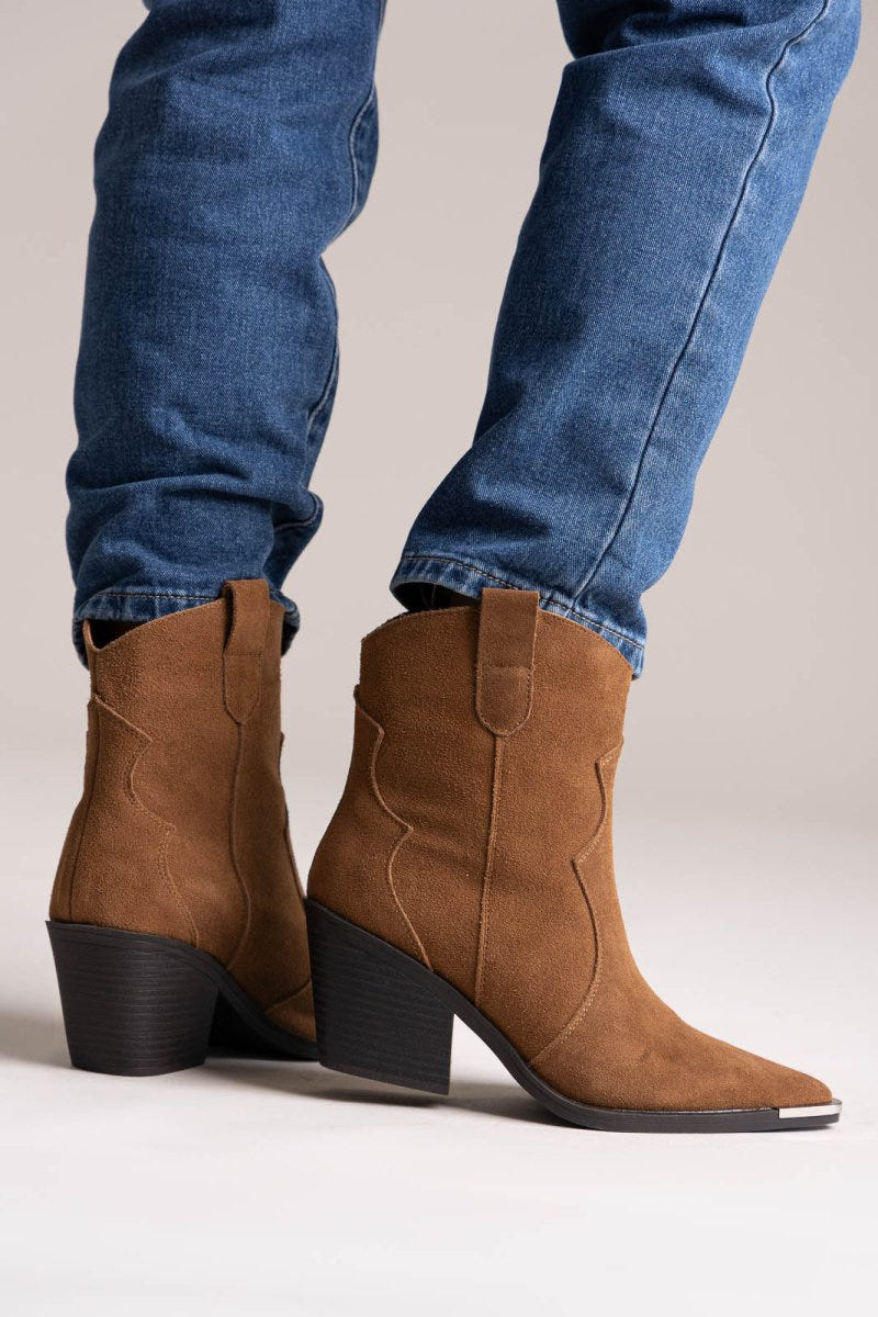 Cowboy Ankle Boots Genuine Leather - Camel Suede - thefashionproject.gr - Ideal shoes