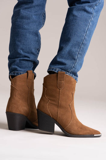 Cowboy Ankle Boots Genuine Leather - Camel Suede - thefashionproject.gr - Ideal shoes
