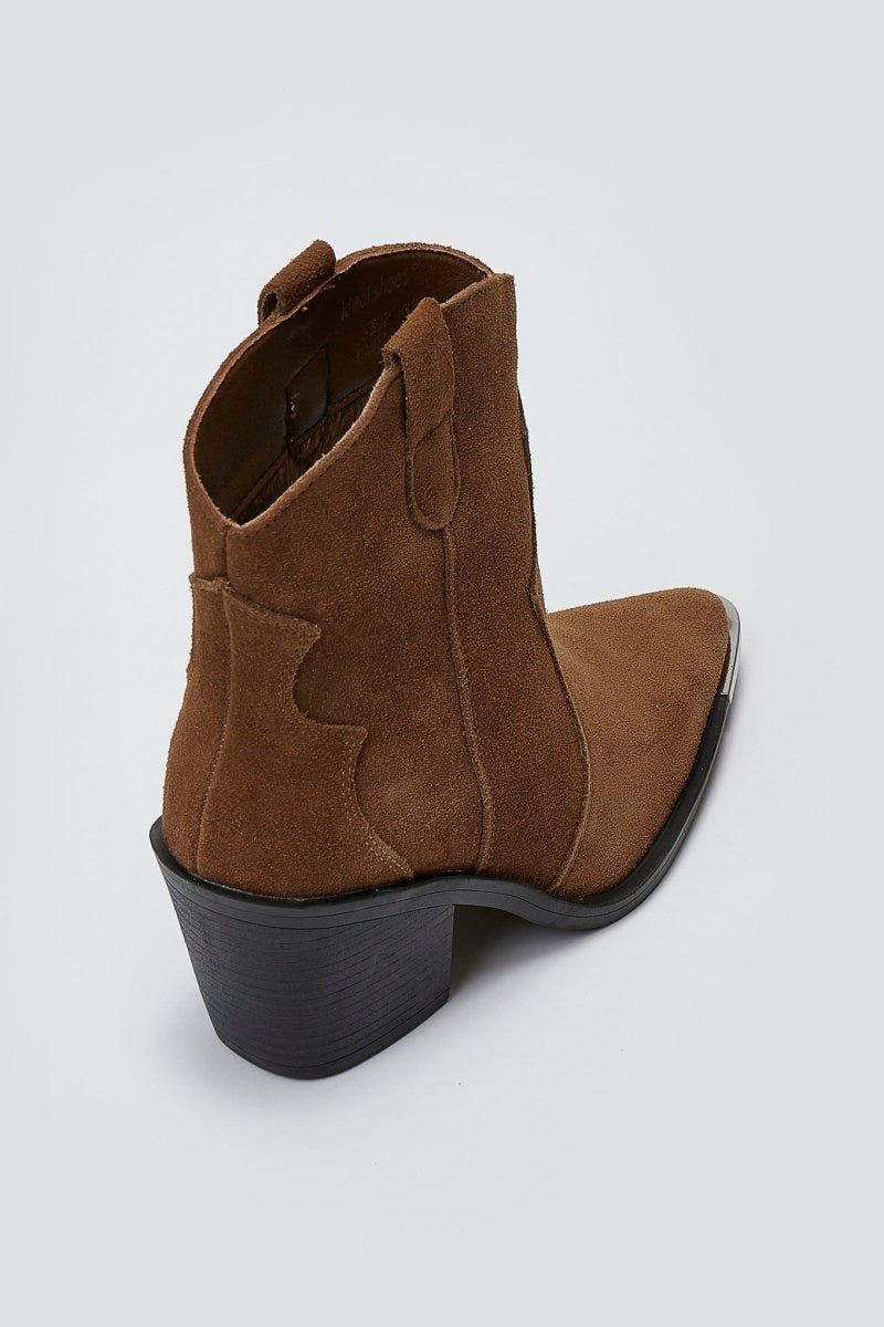 Cowboy Ankle Boots Genuine Leather - Camel Suede - thefashionproject.gr - Ideal shoes