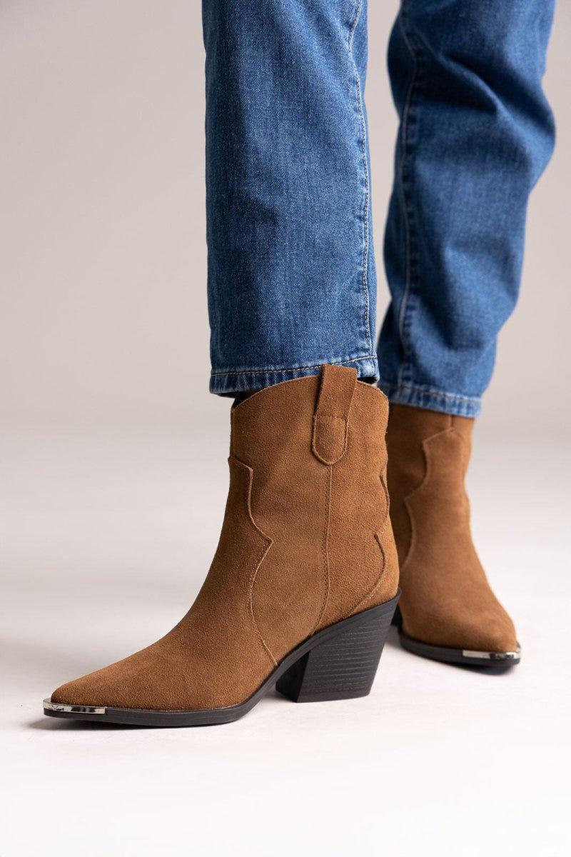 Cowboy Ankle Boots Genuine Leather - Camel Suede - thefashionproject.gr - Ideal shoes