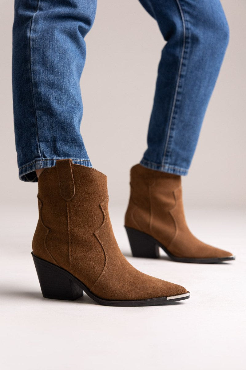 Cowboy Ankle Boots Genuine Leather - Camel Suede - thefashionproject.gr - Ideal shoes