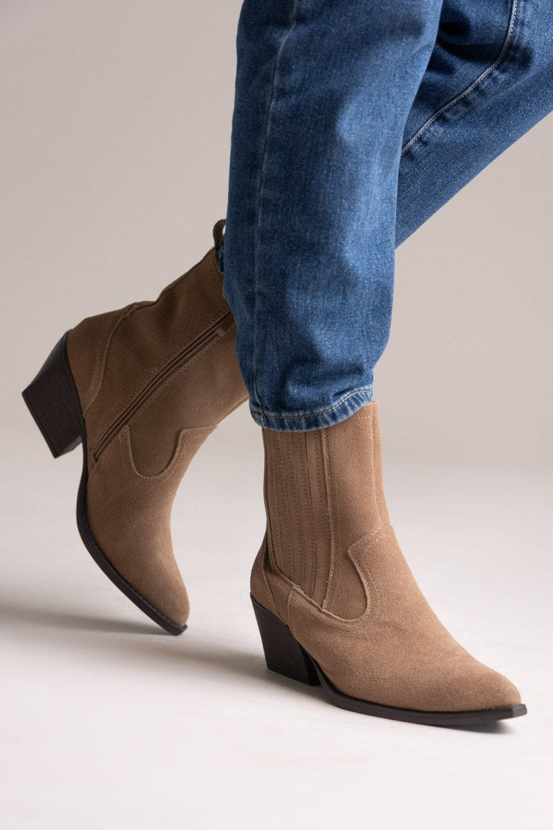 Cowboy Ankle Boots Genuine Leather - Taupe Suede - thefashionproject.gr - Ideal shoes