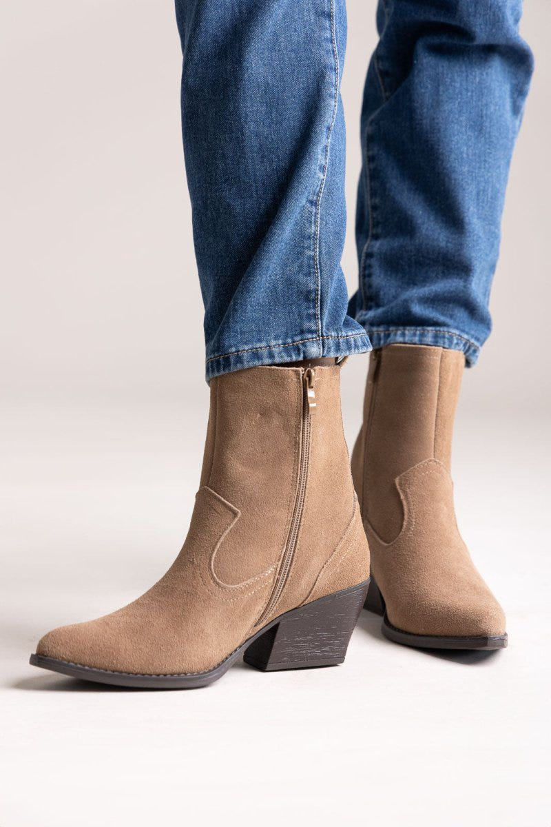 Cowboy Ankle Boots Genuine Leather - Taupe Suede - thefashionproject.gr - Ideal shoes