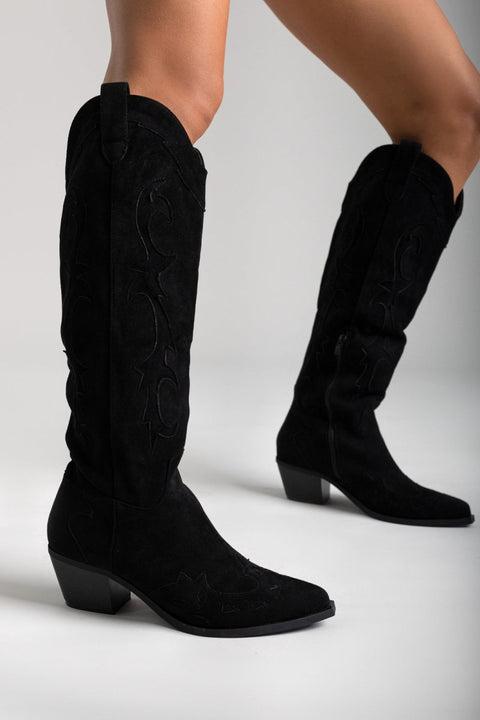 Cowboy Block Heel Boots - Black Suede